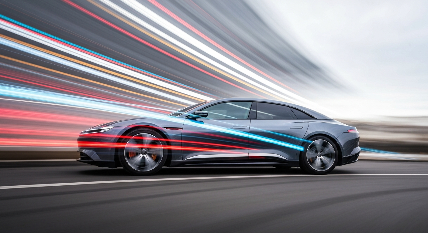Sweeping, abstract streaks of vibrant color and chaotic motion, conveying the speed and modern engineering of Lucid's electric vehicles as they power through the frame.