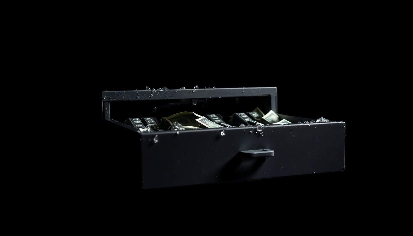 An extreme close-up photograph of a shattered cash register drawer, the metal and plastic fragments dramatically lit against a stark black background, conceptually illustrating the damage and disruption caused by a burglary at a local pizza shop.