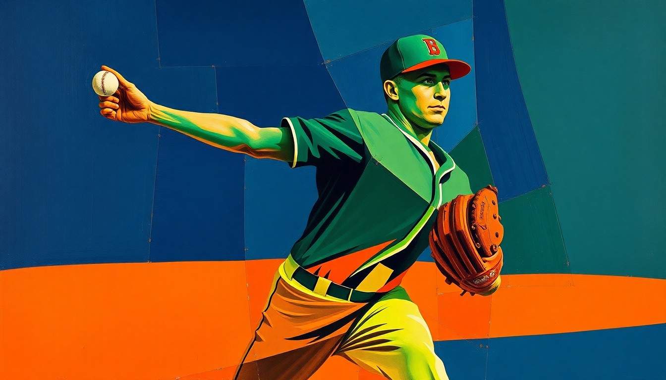 A fragmented, geometric painting depicting a baseball pitcher's throwing motion, with sharp planes of navy, green, and orange overlapping to create a dynamic, abstract representation of the sport's physical demands.