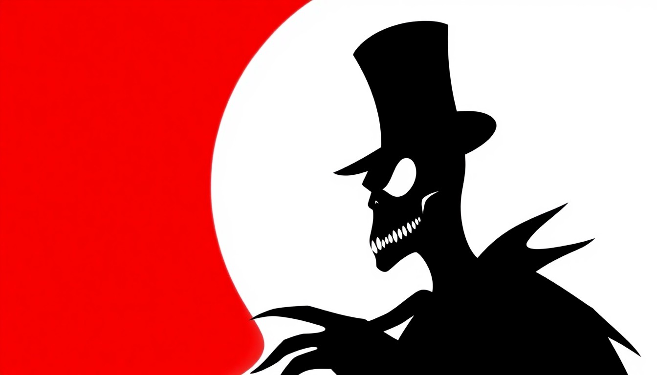 A striking black silhouette of a ghoulish face with a top hat, set against a high-contrast background of deep red and white, conceptually representing the unconventional persona of WWE Superstar Danhausen.