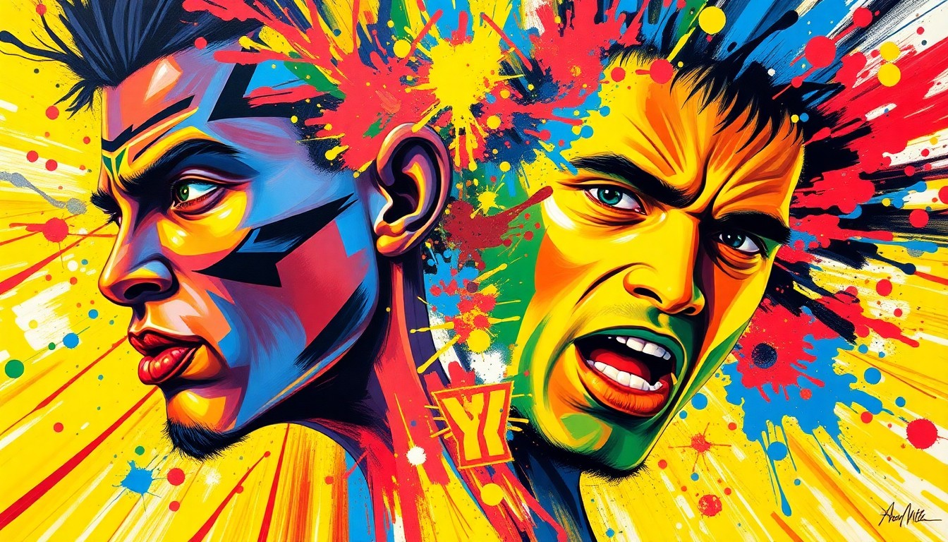 An abstract, energetic painting featuring bold brushstrokes in neon shades of orange, blue, and green, conveying the raw power and passion of high school sports.