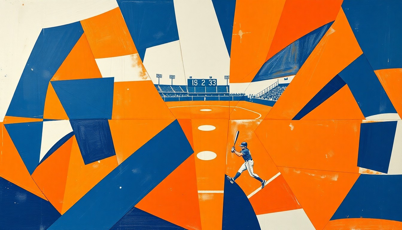 A dynamic, cubist-inspired painting depicting the action and energy of a softball game, with sharp geometric shapes and vibrant colors representing the competitive spirit of the matchup.