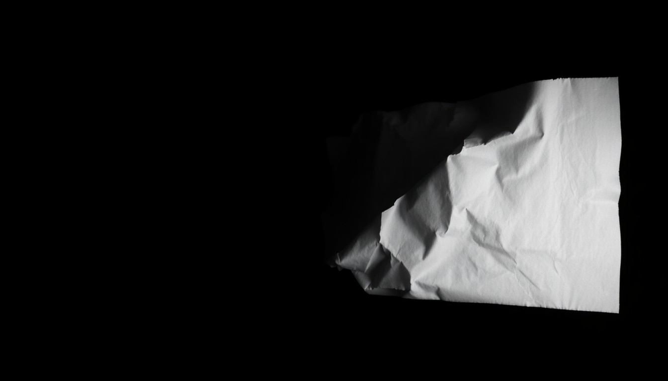 An extreme close-up photograph of a crumpled, discarded envelope or torn piece of paper, lit by a harsh, direct camera flash against a pitch-black background, conceptually representing the evidence of harassment and stalking.
