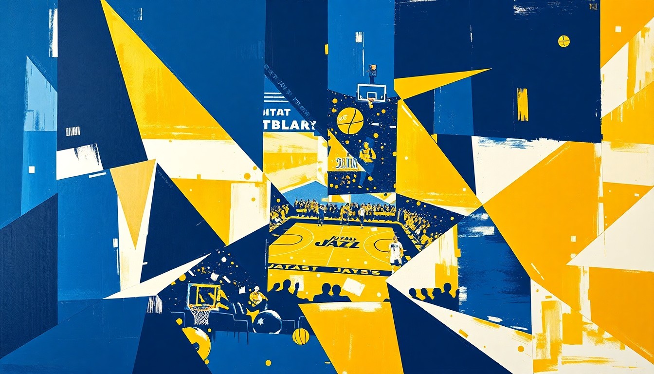 A fractured, multi-perspective painting in the style of Pablo Picasso, breaking down a Utah Jazz basketball game into sharp, overlapping geometric planes of navy blue, gold, and white, conceptually representing the team's renewed energy and championship aspirations.