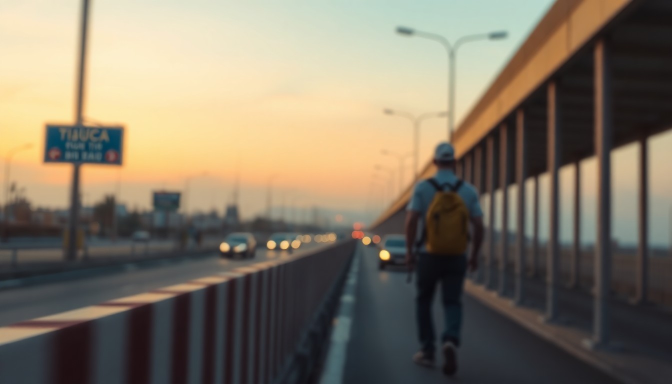 An abstract, out-of-focus scene of a person crossing the U.S.-Mexico border, with soft, warm pools of light and color representing the commute between the two cities.