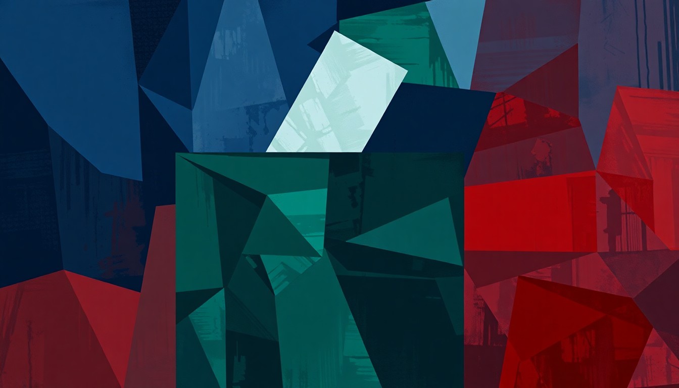 A dynamic, abstract painting featuring overlapping, fragmented shapes and lines in shades of blue, green, and red, conceptually representing the heated partisan debate over election policies.