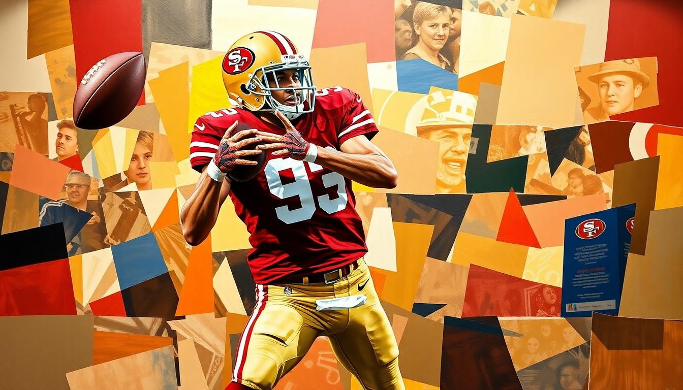 A cubist-style painting depicting a football player making a catch, with the player's body broken down into sharp, overlapping geometric shapes in the 49ers' red and gold colors.