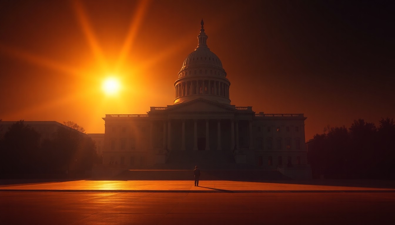 A cinematic painting of the U.S. Capitol building in warm, golden light, with a lone figure standing on the steps, conveying a sense of contemplation and the weight of political decisions.