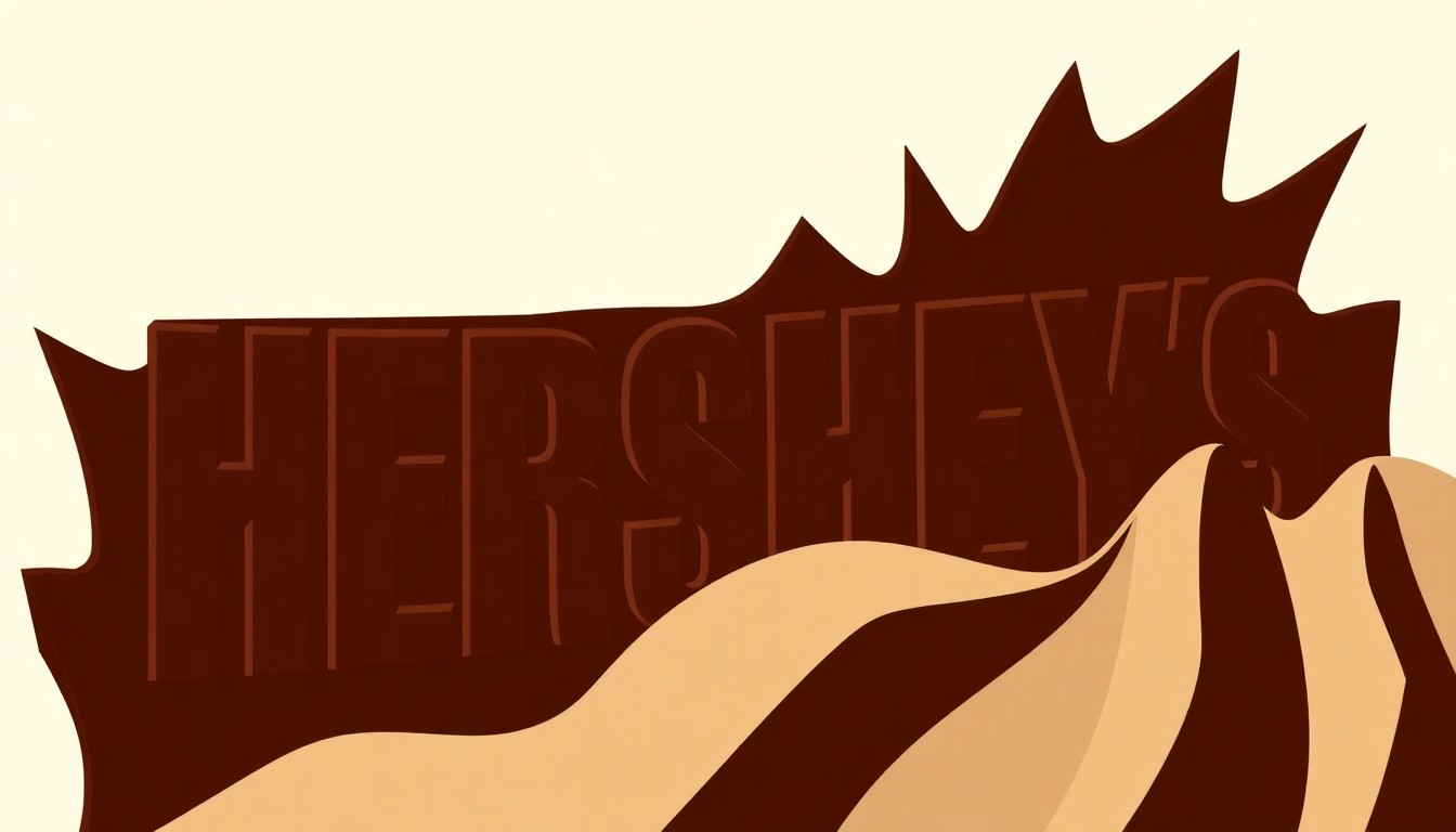 An abstract, minimalist illustration featuring jagged, geometric shapes in deep brown and creamy white, conceptually representing the Hershey's chocolate brand and the film's themes of legacy and community.
