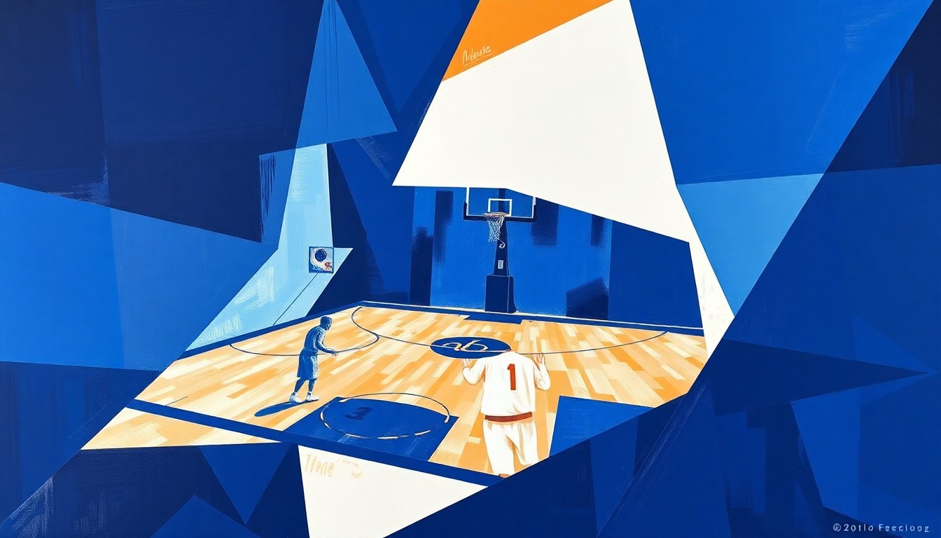 A fragmented, geometric painting depicting the complex dynamics of a basketball game, with sharp planes of navy, royal blue, and white intersecting to represent the strategic and mental aspects of the sport.