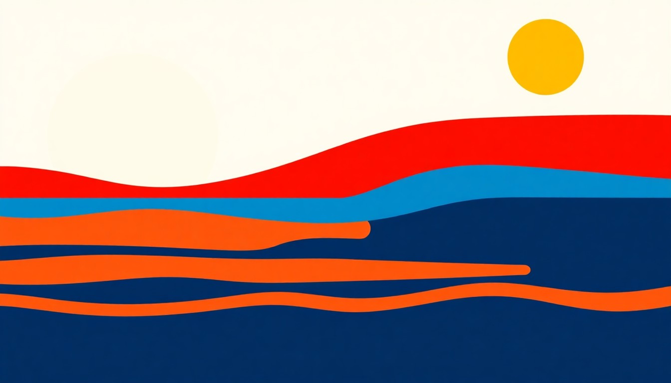 A conceptual illustration using bold geometric shapes and primary colors to represent the complex tensions between surface water and groundwater users in Idaho's agricultural economy.