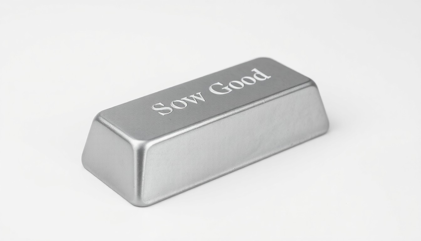 A photorealistic studio still-life image of a single, polished metal ingot or bar in a neutral gray color, resting on a clean white background, representing the abstract concept of Sow Good's stock price and market valuation.