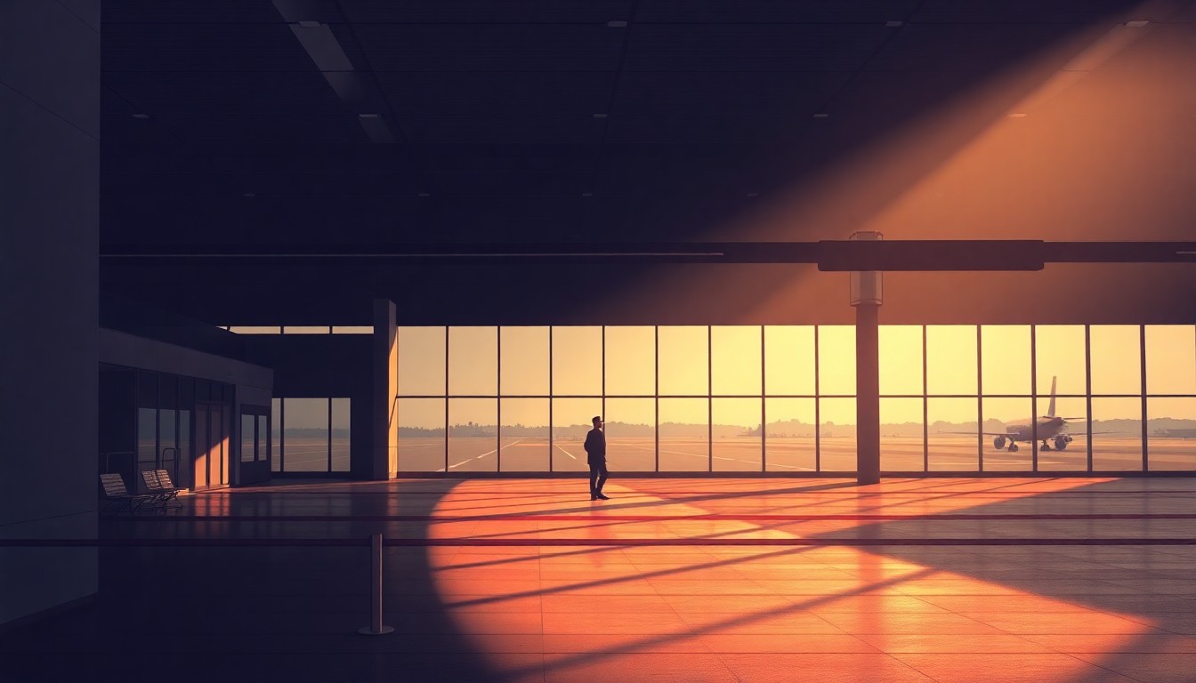 A cinematic painting of an empty airport terminal with warm, diagonal sunlight and deep shadows, depicting a lone pilot standing near the entrance, conveying a sense of quiet contemplation and unease about an impending airport name change.