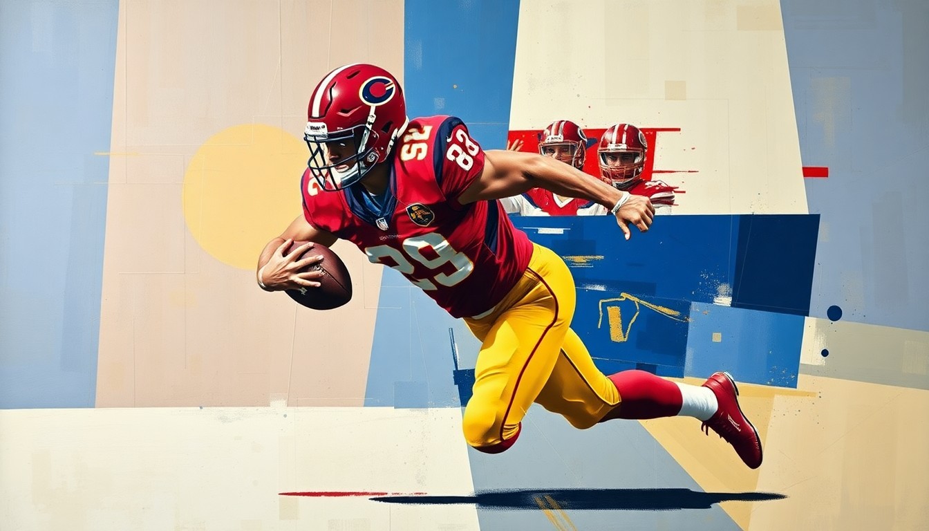 A fragmented, geometric painting depicting a college football player in mid-tackle, with sharp planes of crimson, navy, and gold colors representing the intricate nature of the fraud allegations.