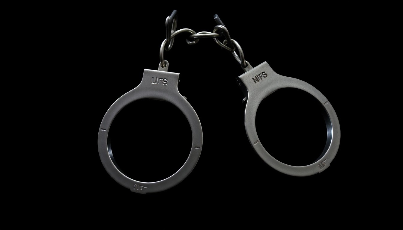 An extreme close-up photograph of a set of handcuffs against a pitch-black background, lit by a harsh, direct camera flash, conceptually representing the physical evidence at the center of a controversial sexual assault case.