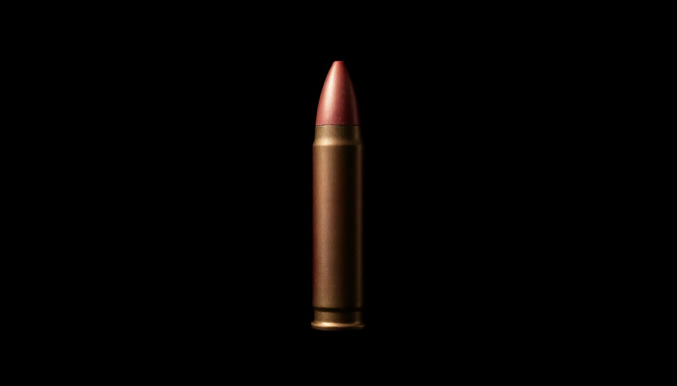 An extreme close-up photograph of a spent .30-06 shell casing, the metallic surface reflecting the harsh lighting and creating a dramatic, gritty aesthetic that conceptually represents the investigative nature of this crime case.