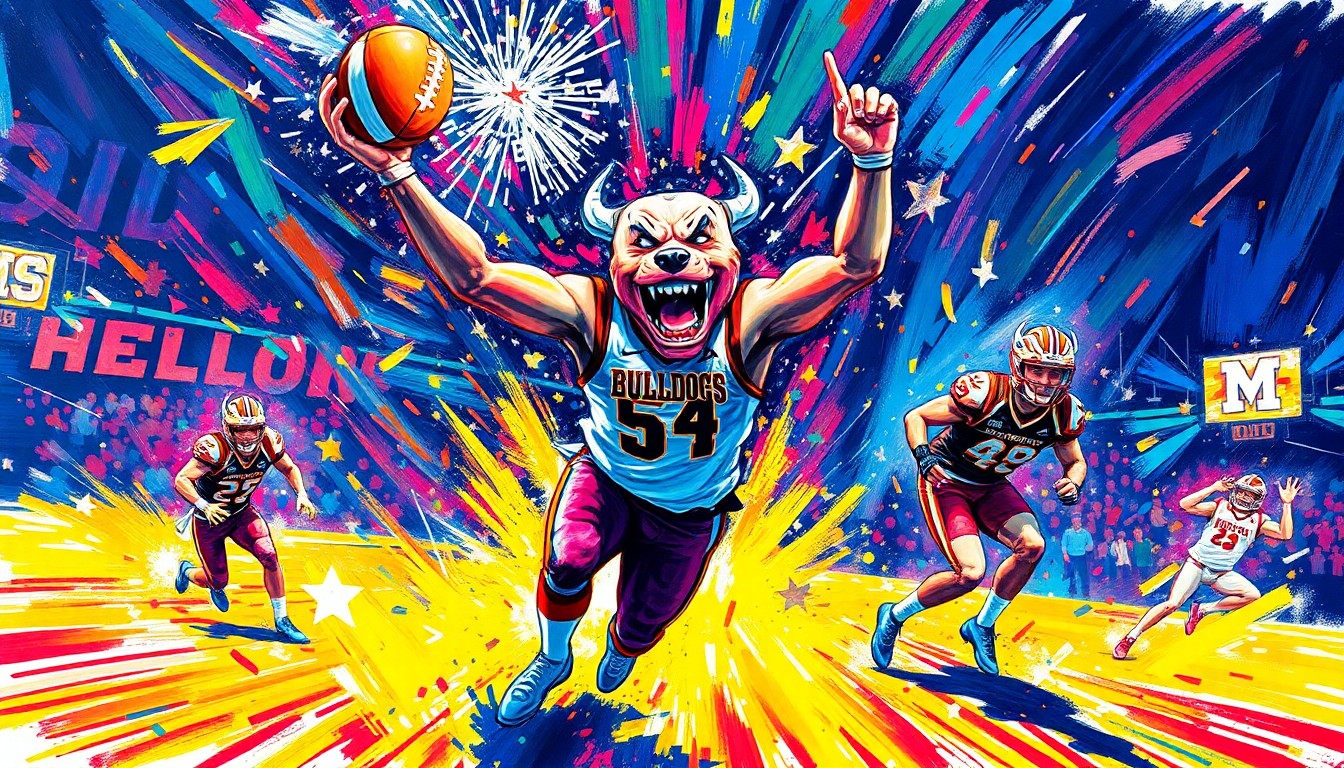 A dynamic, colorful painting with bold, expressive brushstrokes depicting the celebratory energy of a high school baseball team's championship victory.