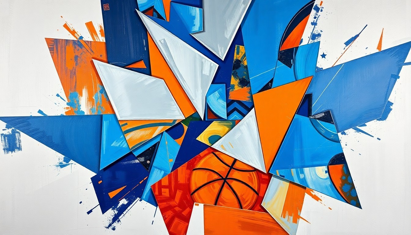 A cubist, geometric painting depicting a fragmented basketball court with players' silhouettes in dynamic, overlapping shapes and planes of bold, saturated colors.
