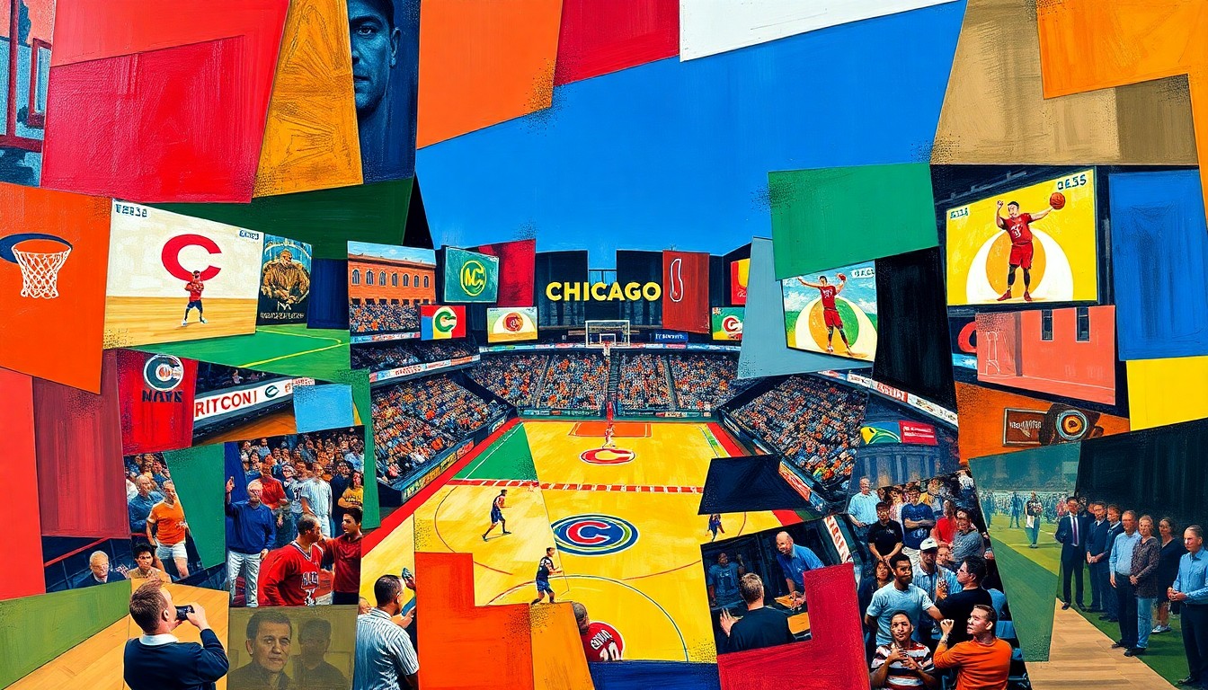 A fractured, multi-angled painting depicting various Chicago sports scenes, including players, equipment, and stadiums, broken down into sharp, overlapping geometric shapes and planes in a vibrant color palette.