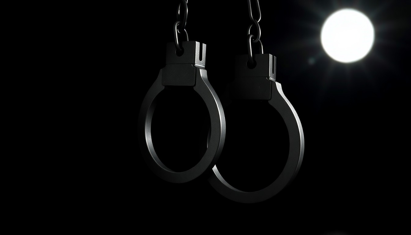 An extreme close-up photograph of a pair of metal handcuffs against a stark black background, the harsh flash illuminating the textured surface of the cuffs and conveying a sense of urgency and law enforcement action.