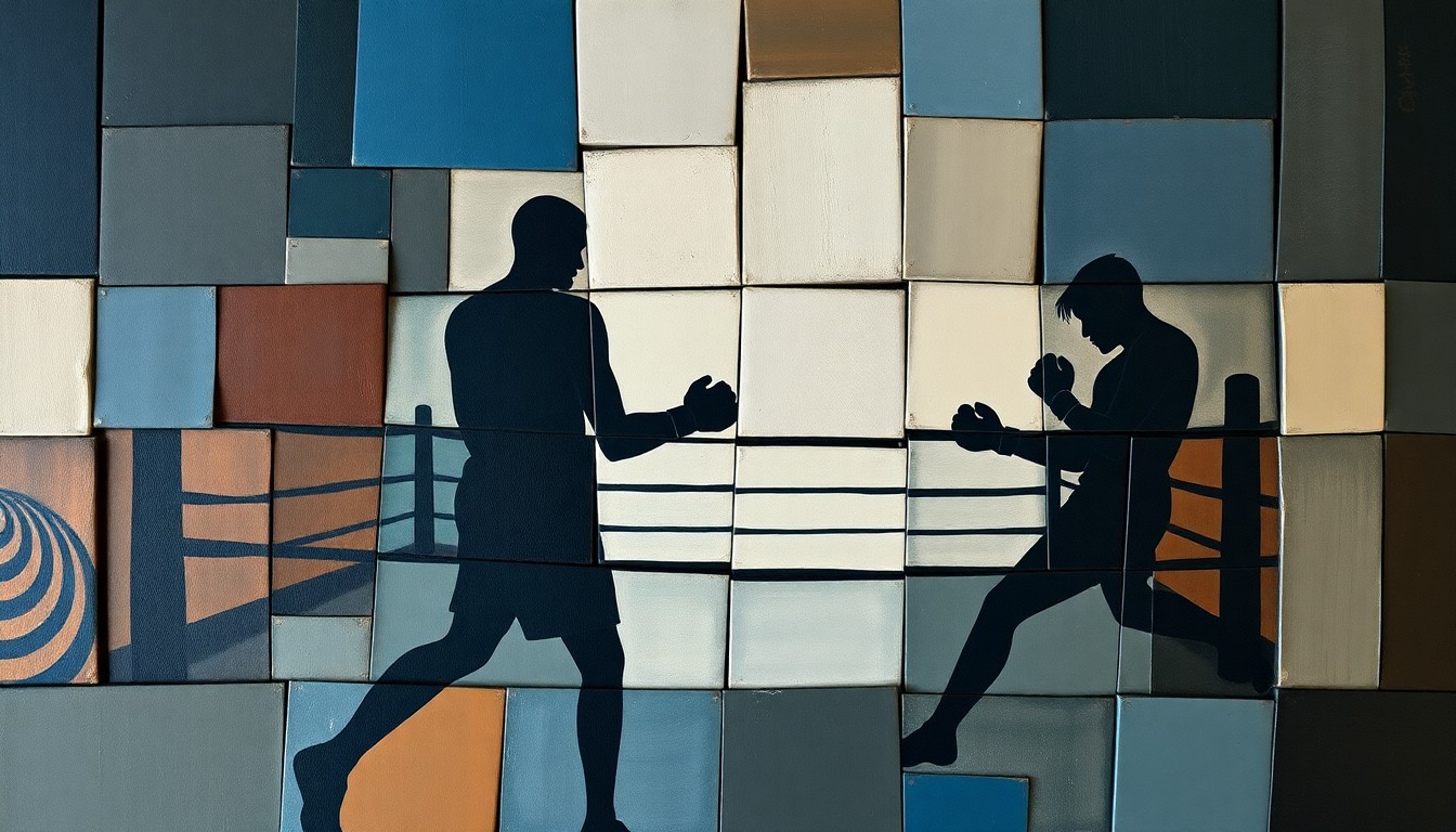 A fractured, geometric painting depicting the silhouettes of two boxers in a ring, the scene broken down into sharp, overlapping planes of blue, brown, and gray, conceptually representing the legacy of boxer George Foreman and his connection to the natural beauty of Iowa.