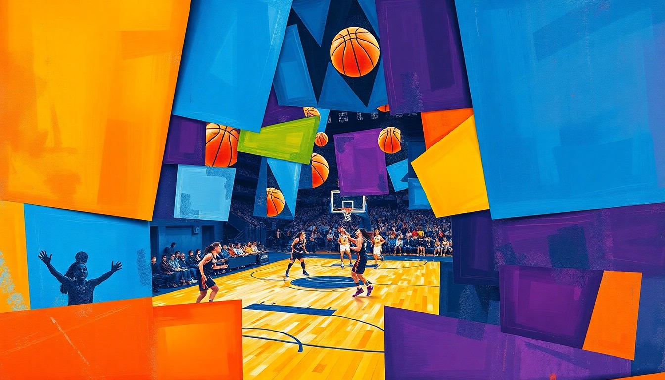 A cubist, geometric painting depicting the action of a women's basketball game, with overlapping planes of color and form representing the players and the court.