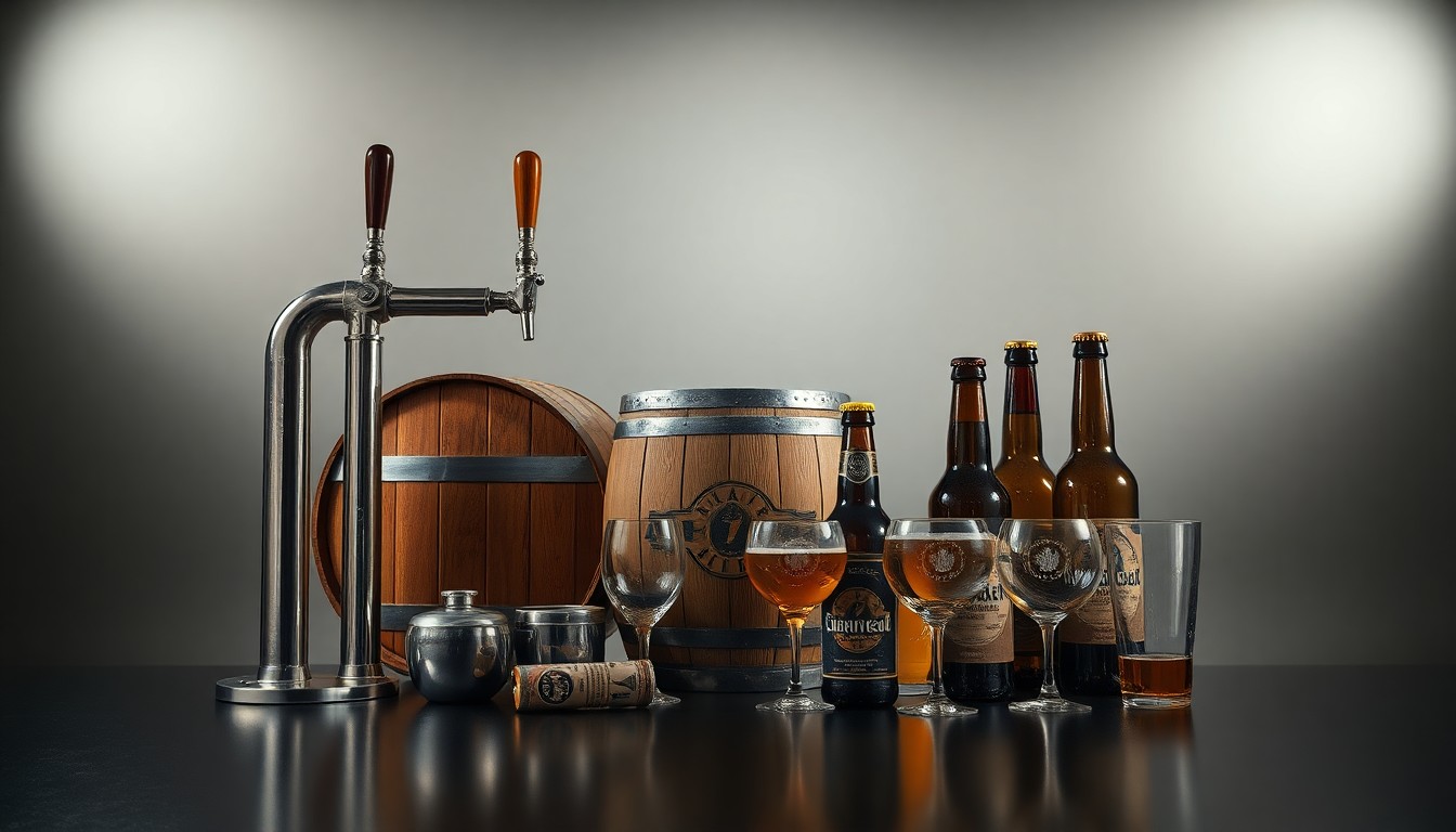 A high-end, photorealistic studio still-life photograph featuring an arrangement of premium, polished objects symbolizing the craft and community-driven spirit of Arrowhead Ales Brewing Company, including a gleaming stainless steel beer tap, a wooden beer barrel, and a collection of artfully arranged beer bottles and glasses, set against a clean, monochromatic background that uses dramatic studio lighting and deep shadows to convey the business's resilience, attention to detail, and commitment to quality.