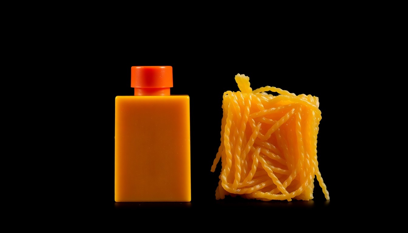An extreme close-up photograph of a Lego piece and a piece of dried pasta placed side-by-side against a pitch-black background, conceptually representing the alleged Lego theft scheme.