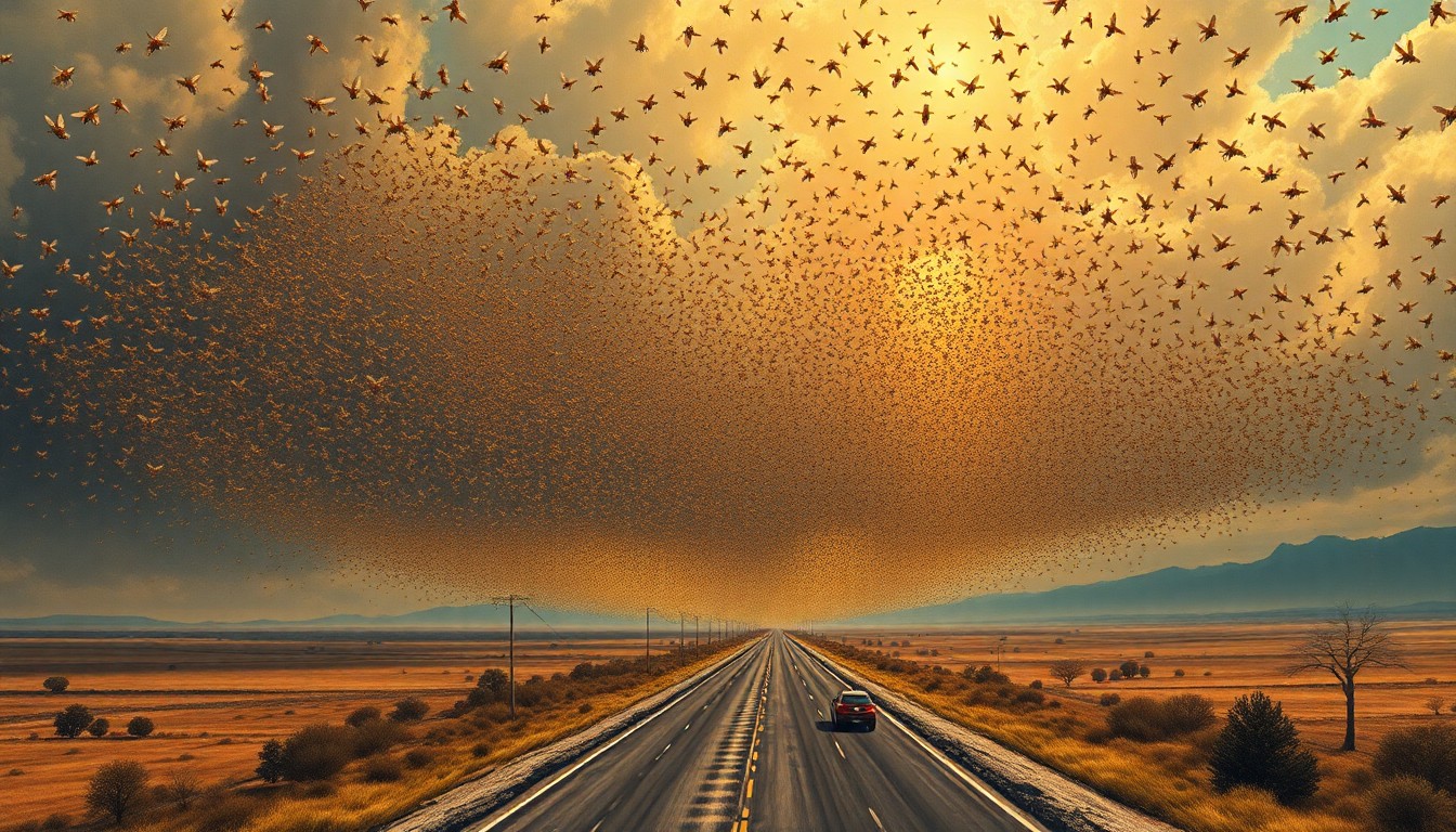A sweeping, atmospheric landscape painting in muted tones, with a massive swarm of bees filling the sky over a desolate highway, the insects dwarfing any visible structures or vehicles and conveying a sense of the overwhelming scale of the natural world.