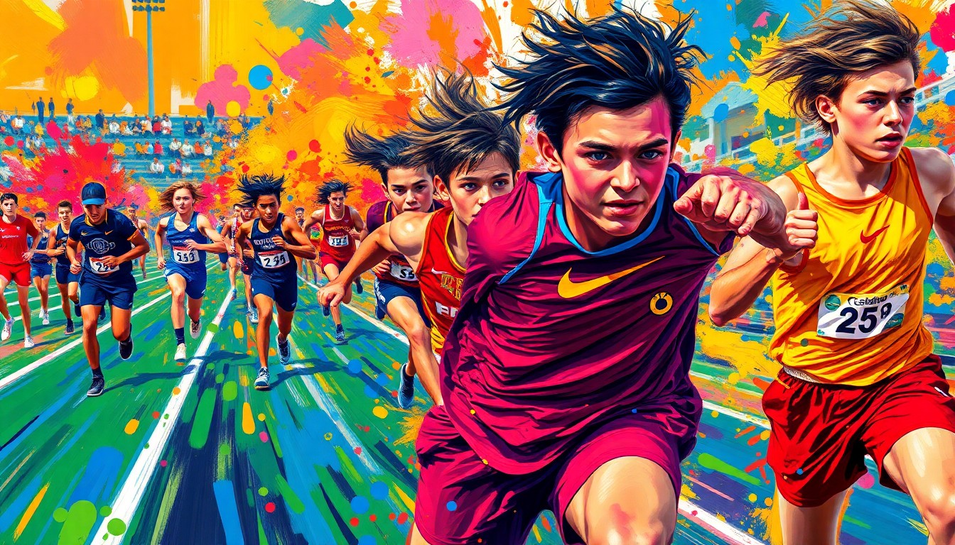 An abstract, expressionist painting in vibrant neon colors depicting the dynamic movements and energy of a high school track and field competition, with faces and logos dissolving into unrecognizable splatters of paint.