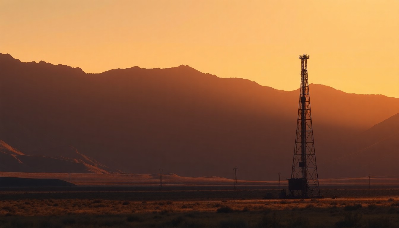 A serene, painterly landscape depicting a solitary oil derrick set against the dramatic mountains of the Arctic, conveying the tension between energy extraction and environmental protection in this remote and pristine region.