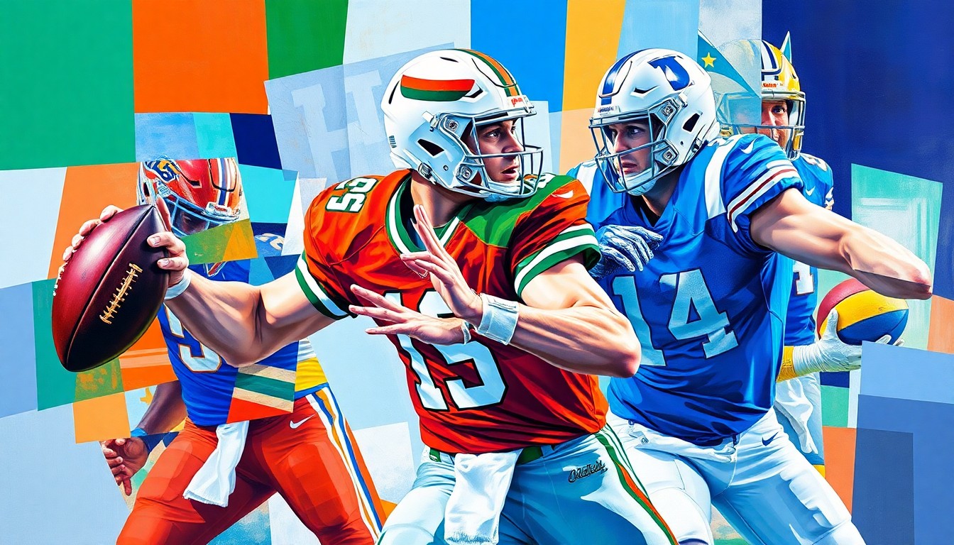 A cubist-style painting depicting a college football quarterback in motion, with the player's body broken down into sharp, overlapping geometric shapes in the colors of the Miami Hurricanes and Duke Blue Devils uniforms.