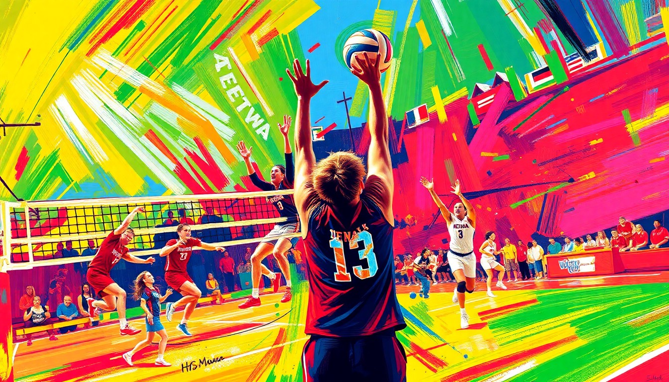 An abstract painting featuring bold, expressive brushstrokes in neon colors that evoke the dynamic energy and competitive spirit of a college volleyball match.