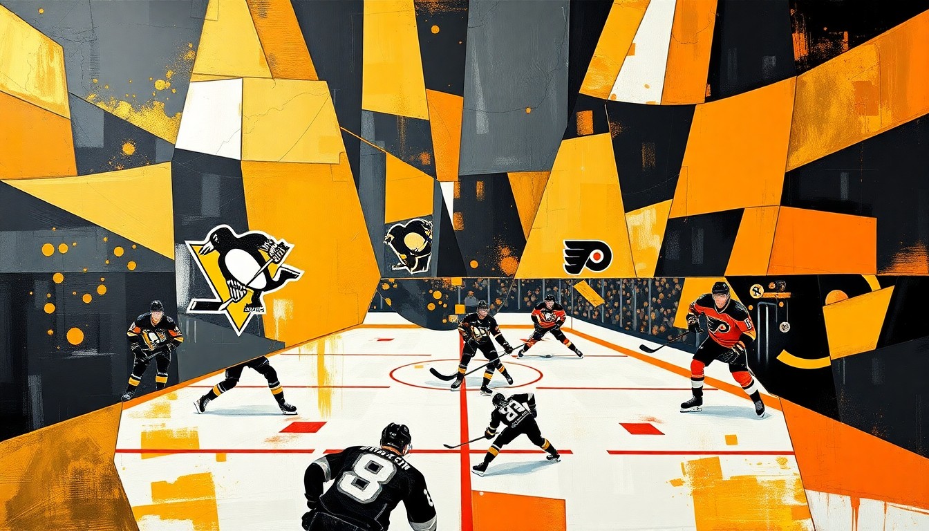 A cubist, geometric painting depicting the action of a hockey game between the Pittsburgh Penguins and Philadelphia Flyers, with sharp, overlapping planes of color representing the intensity and energy of the matchup.