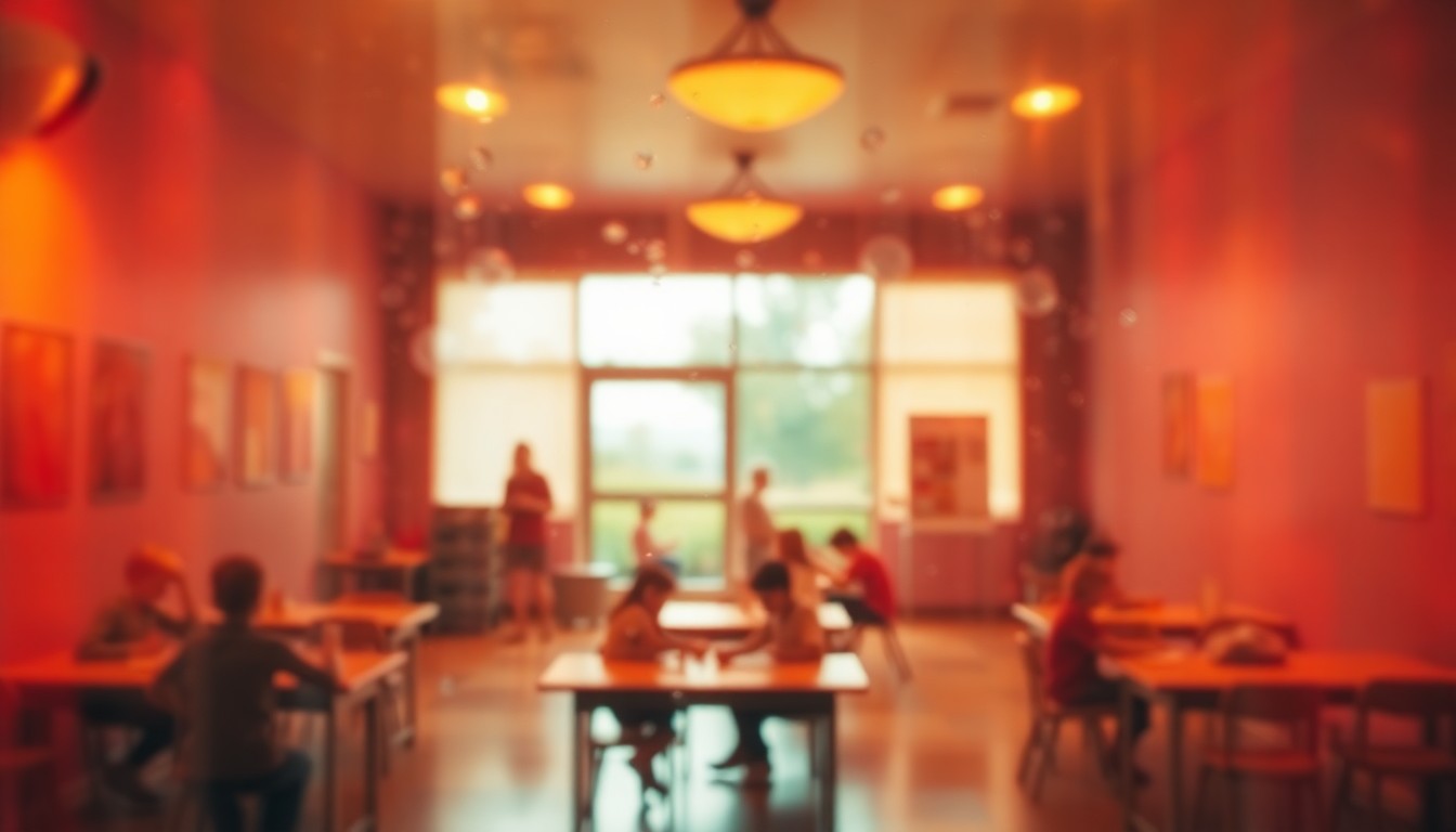 An abstract, out-of-focus photograph showing the interior of a recreation center, with blurred images of children playing and studying in a warm, soft-focused environment.