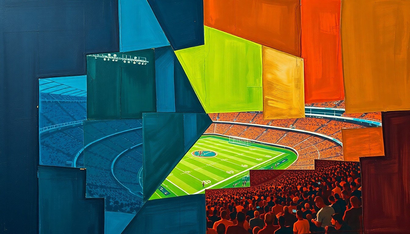 A cubist, geometric painting featuring overlapping planes of navy blue, forest green, and burnt orange, representing the fragmented and multi-angled view of a football stadium and game action.
