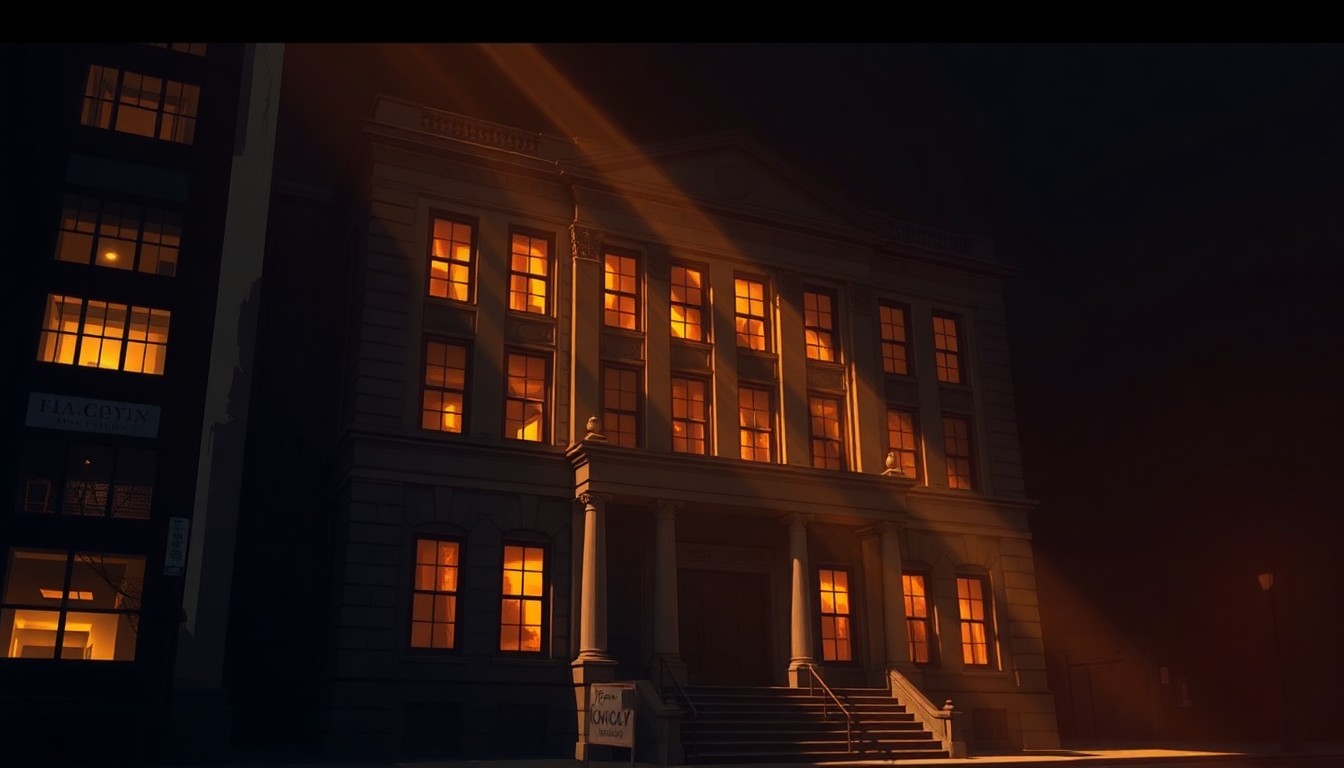 A dimly lit, cinematic painting of an old government building in downtown Seattle, with warm diagonal sunlight streaming through the windows and deep shadows across the facade, representing the historical institutions that perpetuated discriminatory policies.