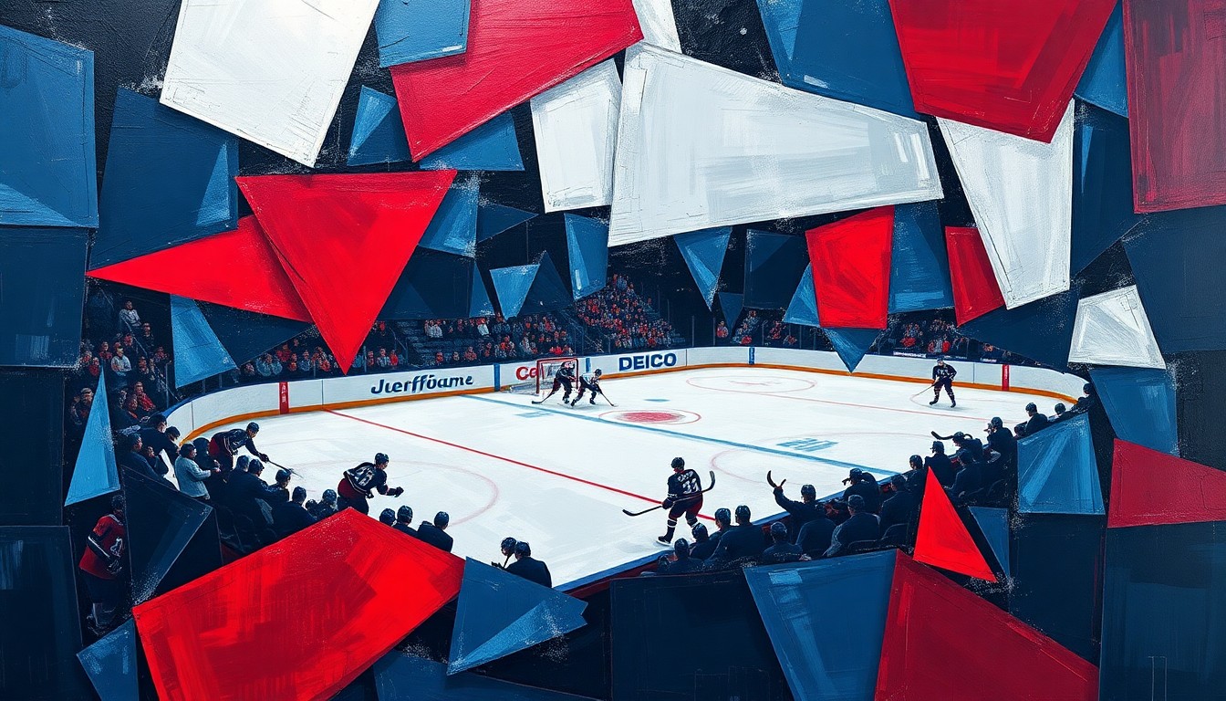 A cubist, geometric painting depicting a hockey game, with players and the puck broken down into overlapping, angular shapes in navy, silver, and crimson, conveying the team's tactical complexity and creative flair.