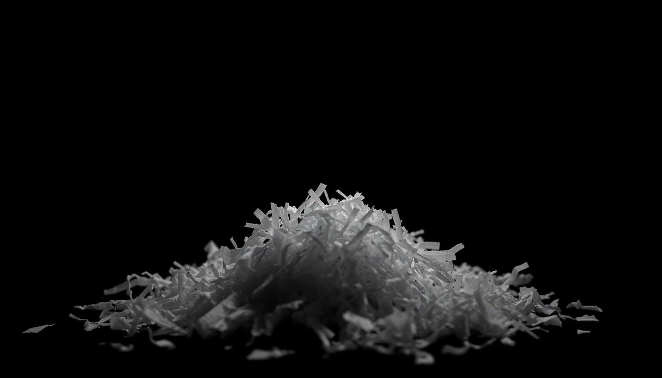 An extreme close-up photograph of a shredded document or crumpled paper, lit by a harsh, direct camera flash against a pitch-black background, conceptually illustrating the deletion of public records.
