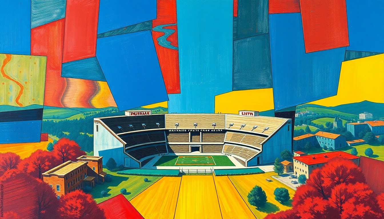 A cubist, geometric painting depicting the Memorial Stadium and its surrounding landscape broken down into sharp, overlapping planes of deep red, royal blue, and golden yellow, conceptually representing the transformative 'Big Red Rebuild' plan.