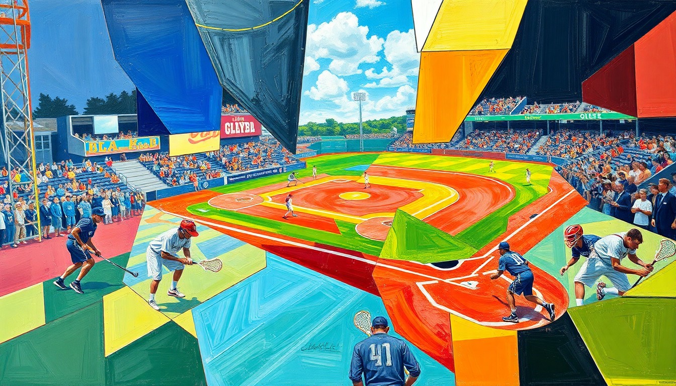 A fractured, cubist-style painting depicting the dynamic action and movement of a high school sports competition, with players, balls, and fields broken down into overlapping geometric shapes and planes of color.