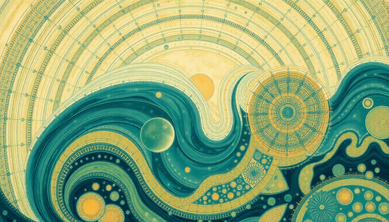 A highly structured abstract painting in soft, earthy tones of green, blue, and ochre, featuring sweeping geometric arcs, concentric circles, and precise botanical spirals, conceptually representing the complex microbial diversity and hidden bioactive potential of coral reef ecosystems.