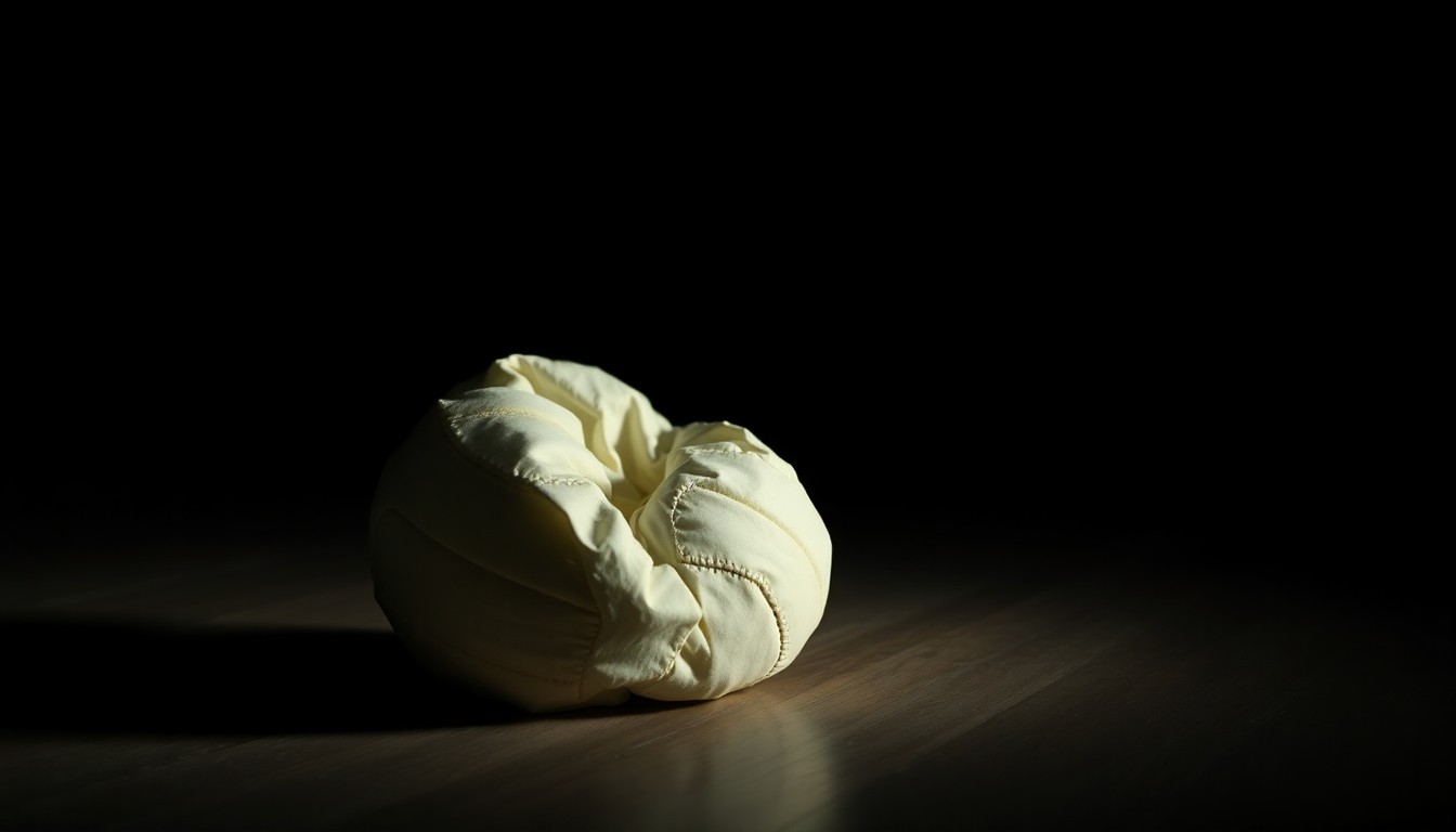 An extreme close-up photograph of a crumpled, discarded volleyball against a pitch-black background, lit by a harsh, direct camera flash, conveying a sense of gritty investigation and the aftermath of a disturbing crime.