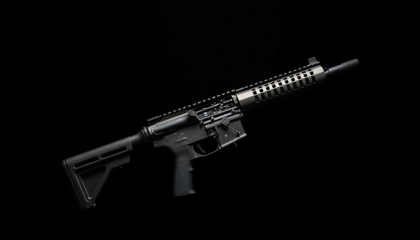 An extreme close-up of a shattered airsoft gun replica, its details and textures dramatically illuminated by a harsh flash against a black background, conceptually representing the tragic outcome of a police encounter involving a realistic-looking but non-lethal firearm.