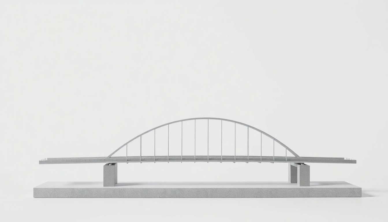 A photorealistic studio still life featuring a clean, geometric scale model of the new Interstate 5 Bridge design, conveying the abstract concepts of infrastructure planning and community impact.