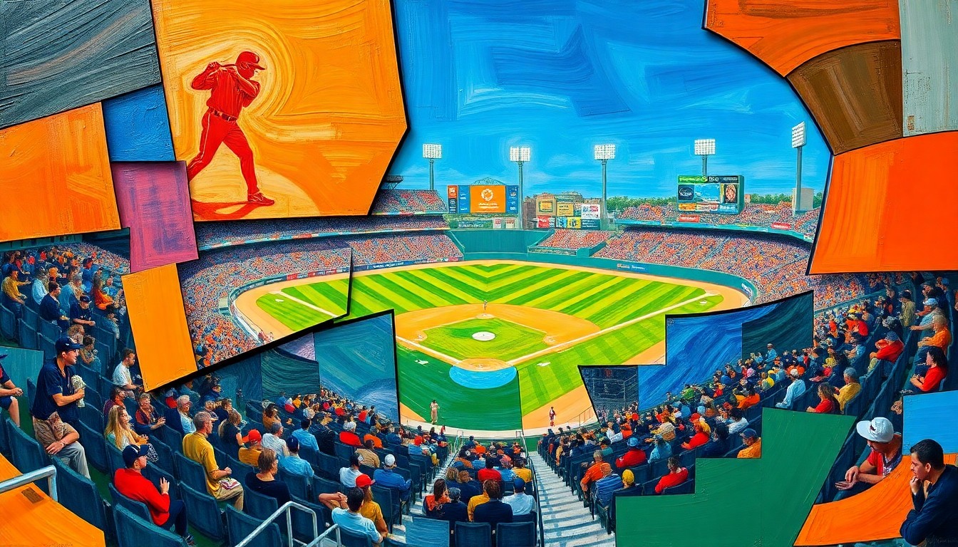 A cubist-style painting depicting a fractured, geometric representation of a baseball stadium, players, and fans, conveying the complex financial dynamics surrounding the Padres' sale and the upcoming CBA negotiations.