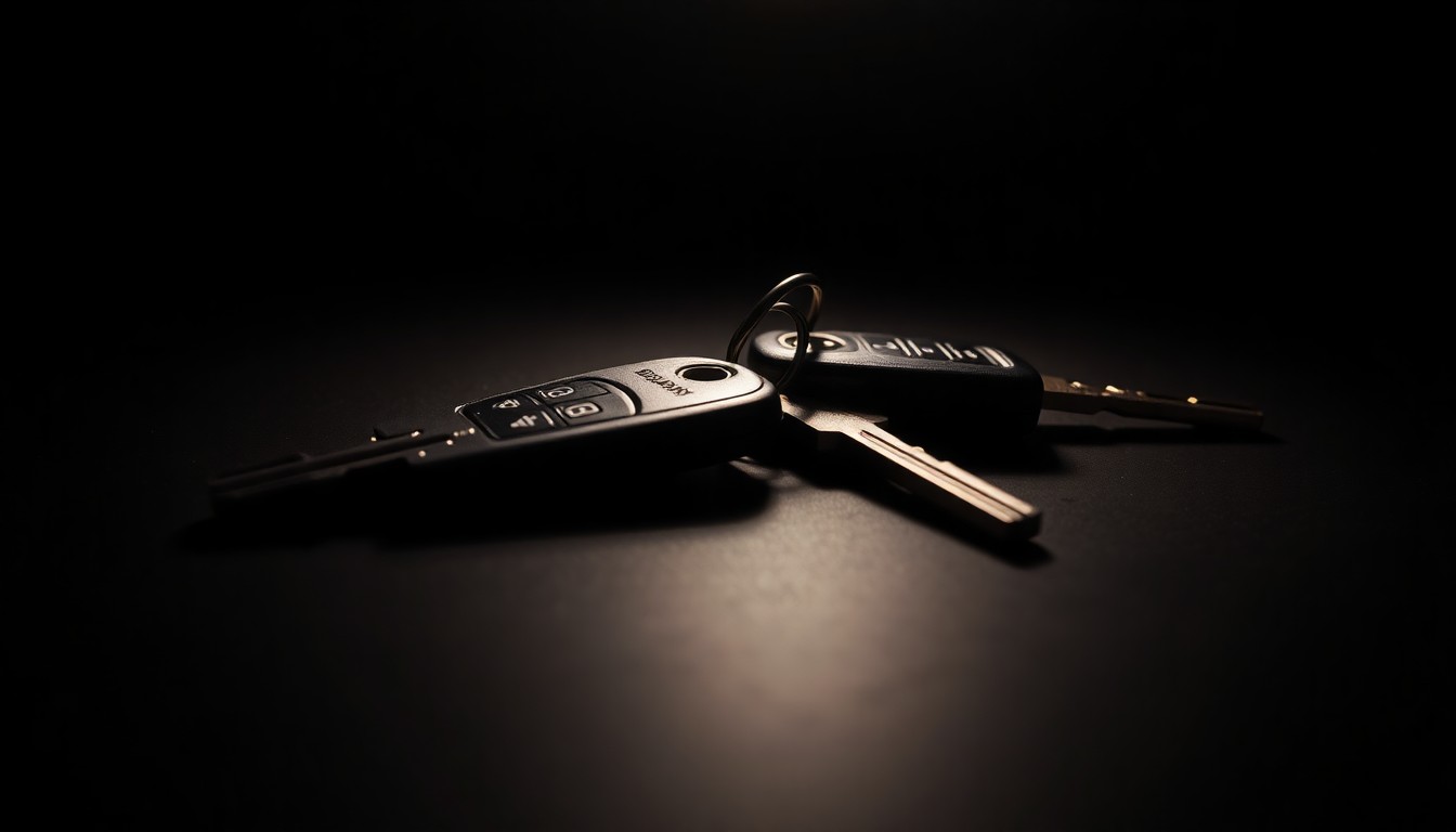 An extreme close-up photograph of a set of car keys on a dark surface, lit by a harsh, direct camera flash, conceptually representing the investigation into a missing person case.