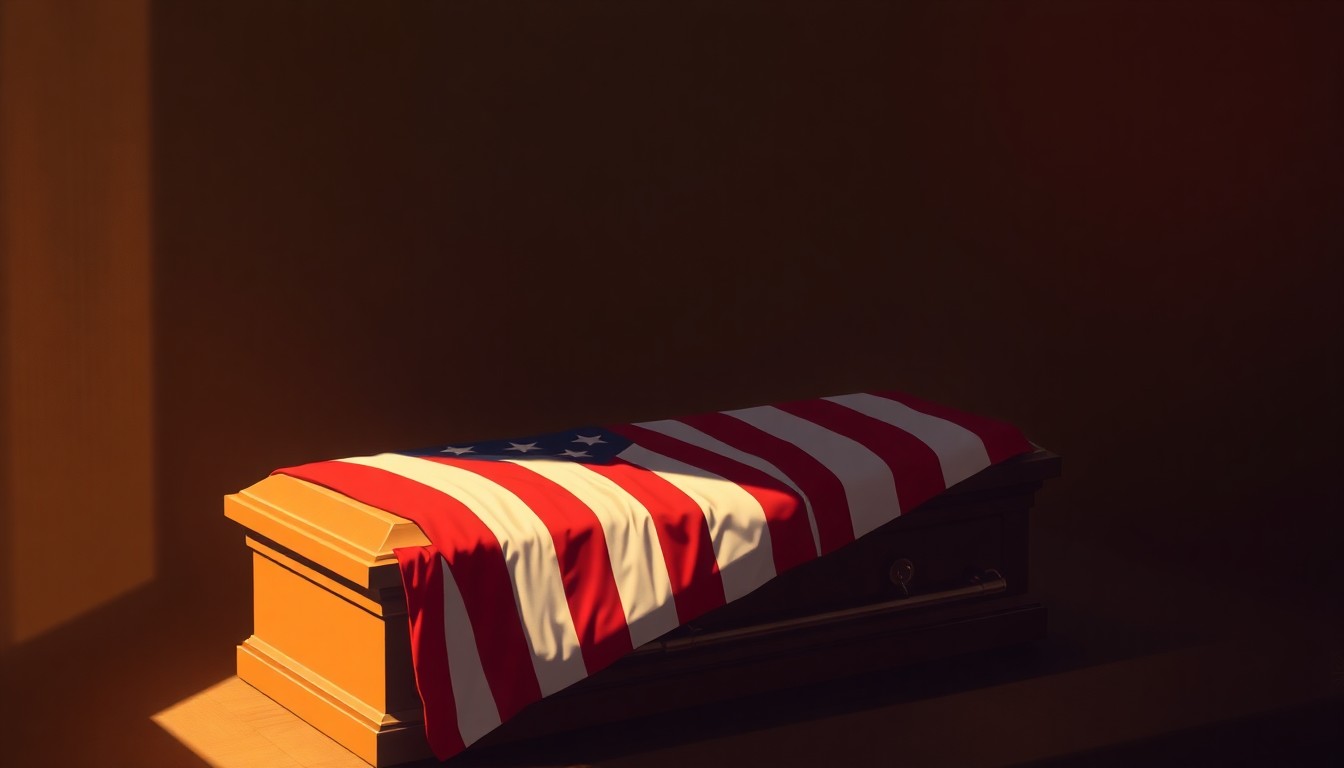 A serene, painterly image of an American flag draped over a simple wooden casket, with warm sunlight and deep shadows creating a contemplative, cinematic mood.