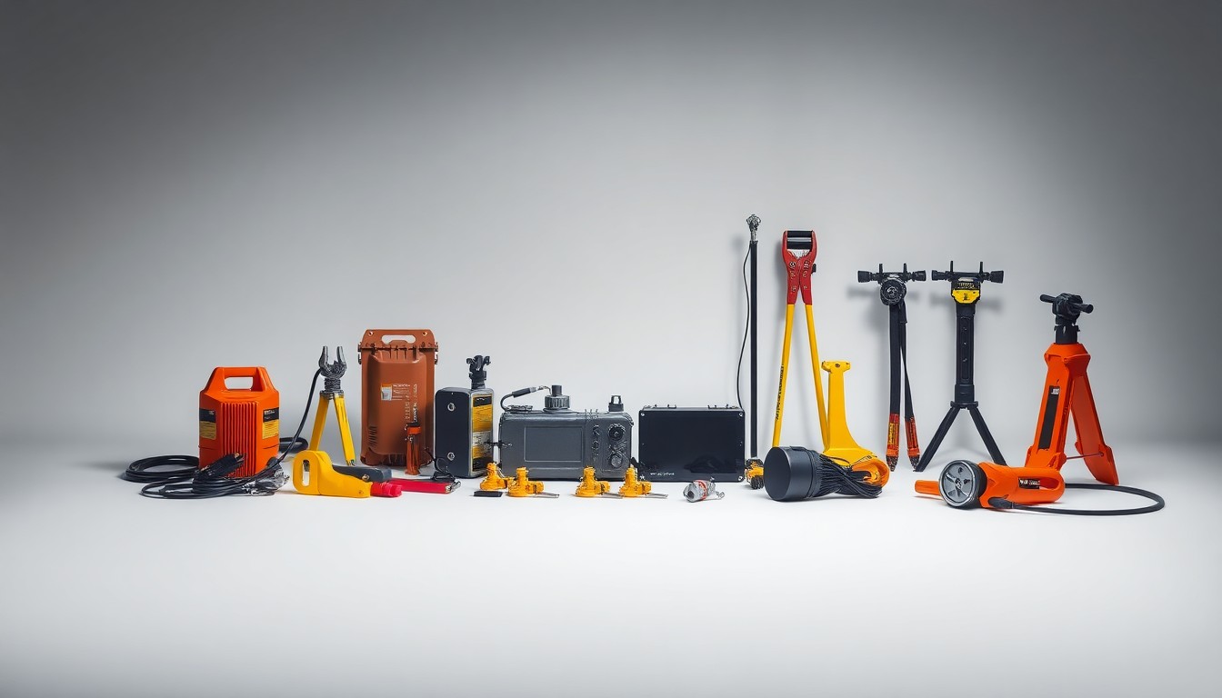 A high-end, photorealistic studio still-life photograph featuring a collection of premium electrical components and utility tools arranged elegantly on a clean, monochromatic background, conceptually representing the critical infrastructure and equipment needed to restore power during a major outage.
