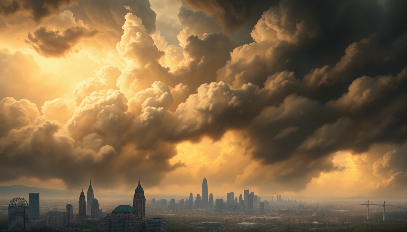 A sweeping, atmospheric landscape painting depicting a dramatic storm system over the St. Louis skyline, with the city's buildings and structures dwarfed by the turbulent clouds and heavy rain, conveying the overwhelming scale and power of the weather event.